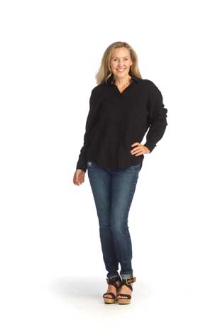 PT-14107 - COTTON GAUZE COLLARED BUTTON FRONT SHIRT - Colors: BLACK, WHITE - Available Sizes:XS-XXL - Catalog Page:44 